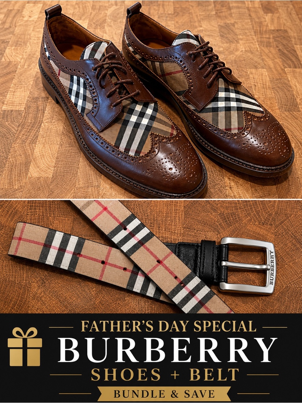 🎁Father’s Day Burberry Bundle | Arndale Brogue Shoes US 11+Nova Check Belt 38/95